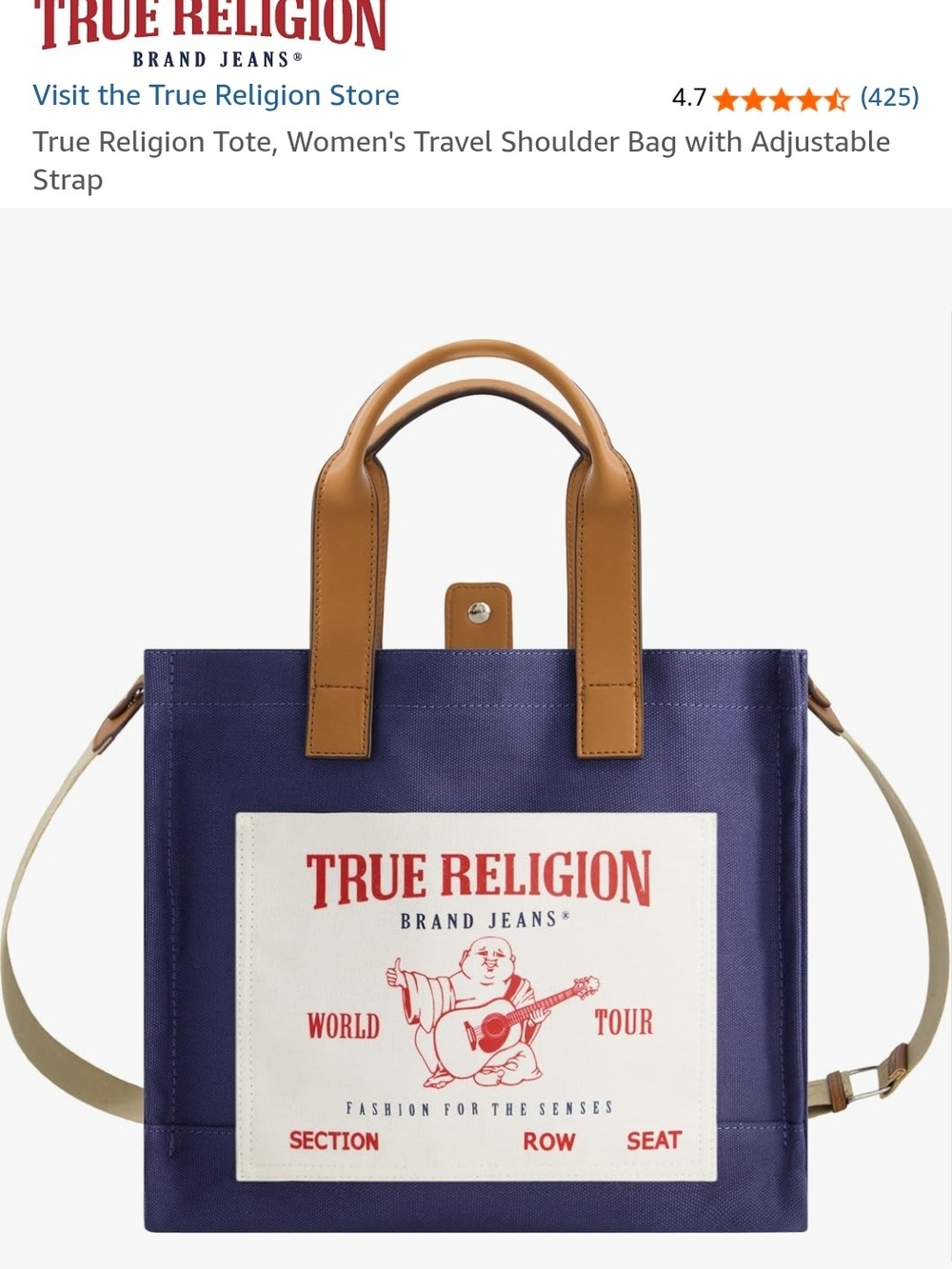 True Religion Navy Canvas Tote with Tan Handles and Cream Logo Patch